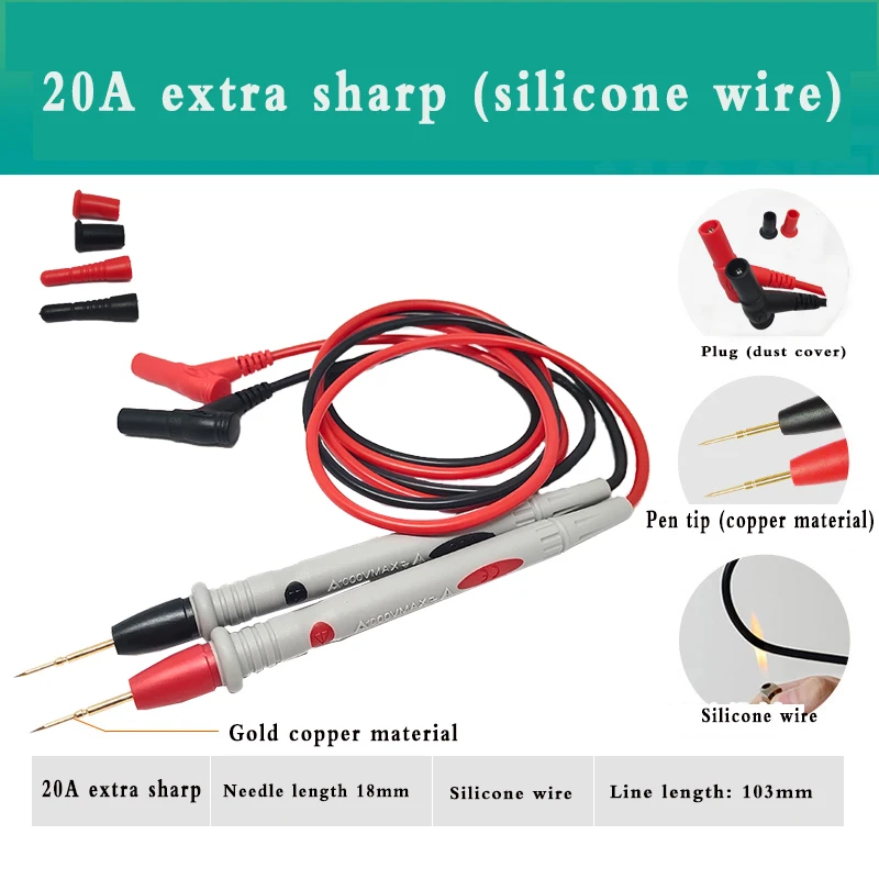 

2PCS 20A/1000V Multimeter Test Lead Cable Test Probe Suitable For Silicone Cables Of General-purpose Multimeters
