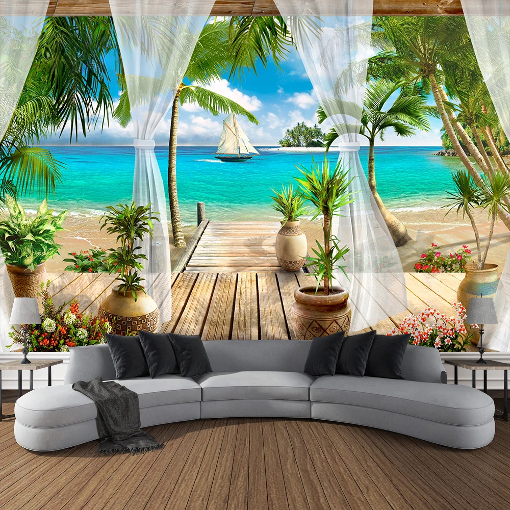 Balcony Seagull Tapestry Holiday Scenery Ocean Blue Sky Tropical Island Plant Scenery Wall Hanging Bedroom living Room Tapestry