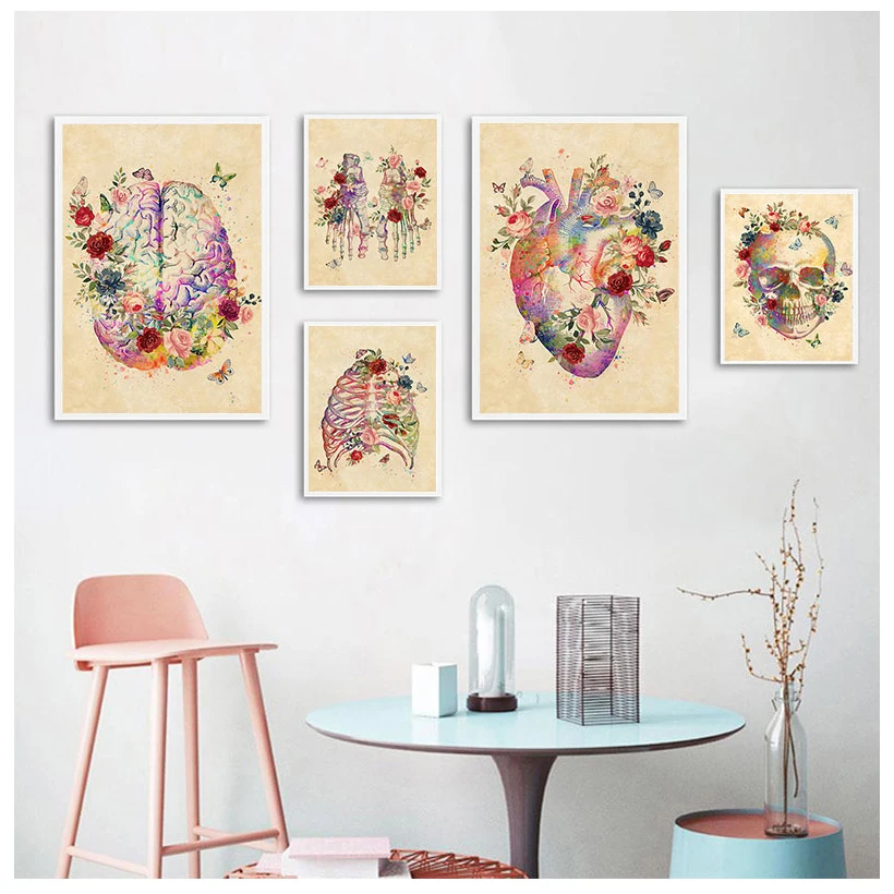 Brain Heart skull Flower Anatomy Vintage Wall Art Canvas Painting Nordic Posters And Prints Wall Pictures For Living Room Decor