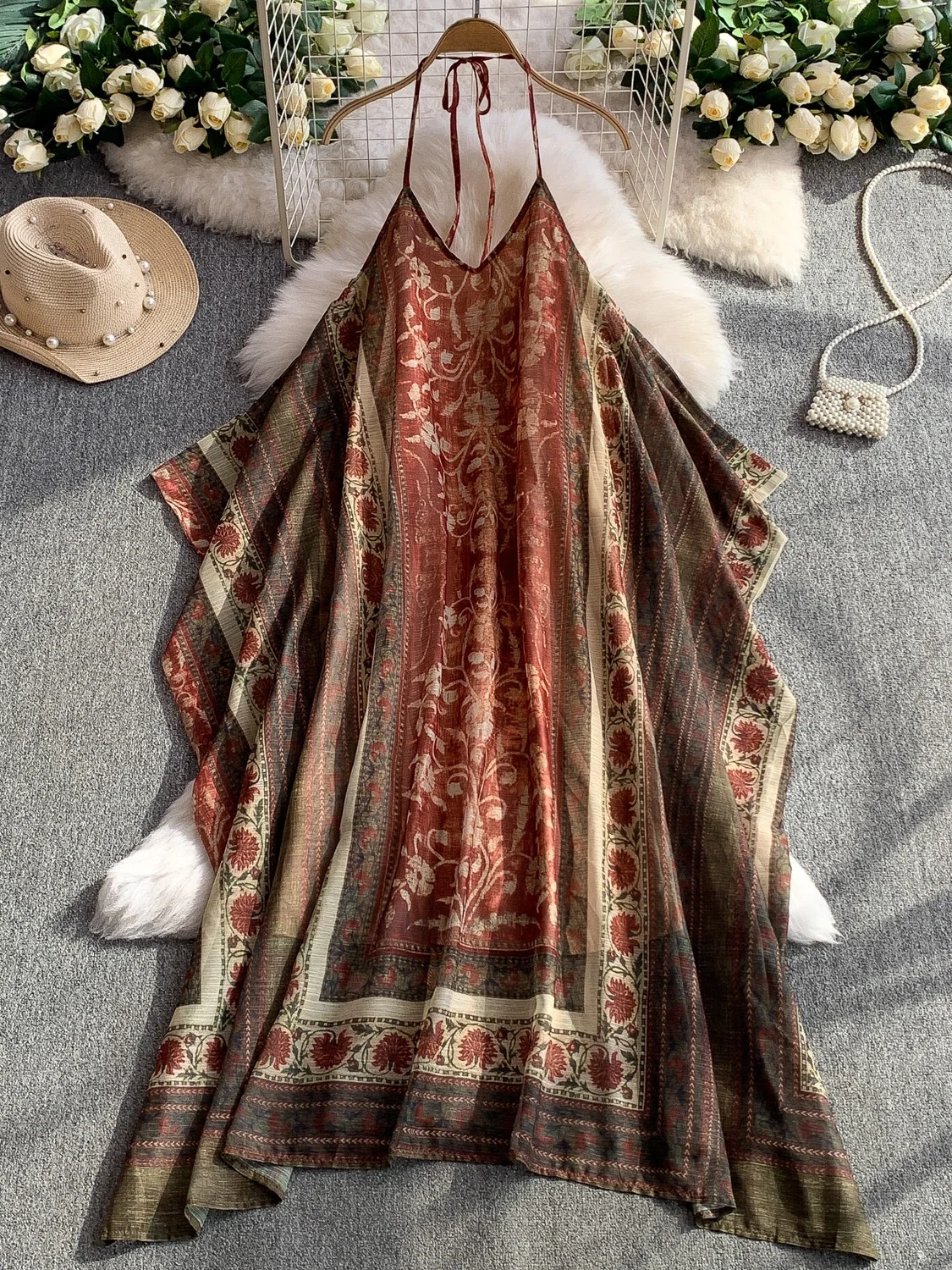 Vaion Sexy Bal V-Ne Hanging Ne Dr Women Summer Retro Print Asymmetrical Loose Belly Concealing Long Dr