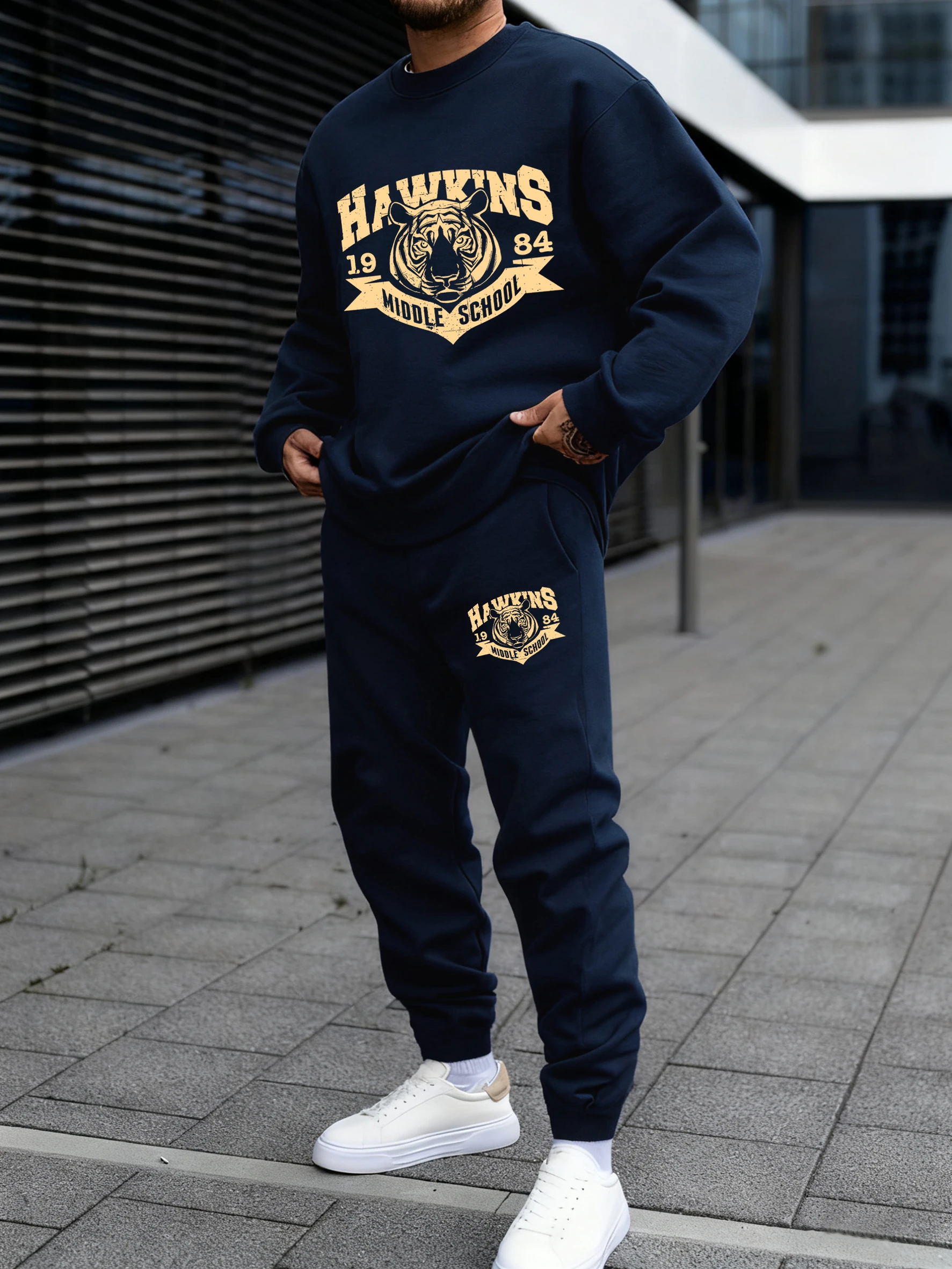 Hawkins 1984 Middle School Pattern Men Sweatshirt Harajuku Fleece Pullover Loose Fashion Clothes Unisex Warm Simple Pants Set