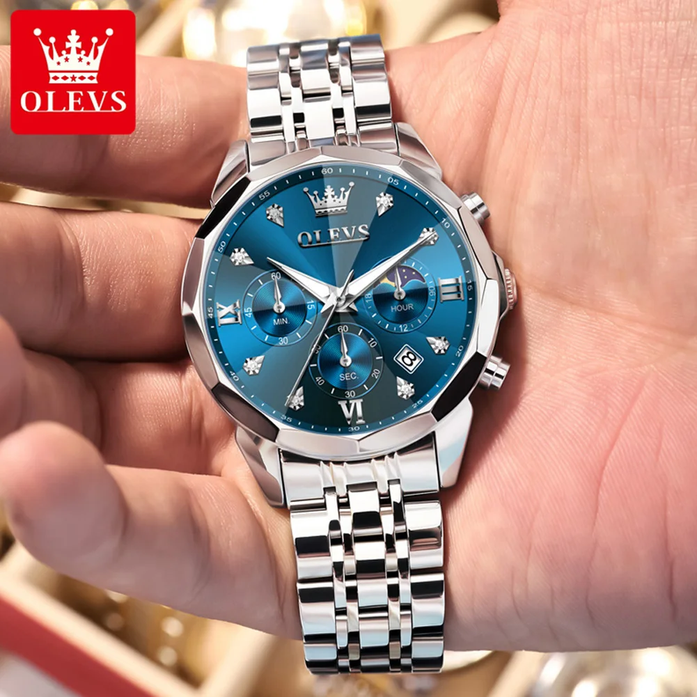 OLEVS 3670 ساعة رجالية أصلية ساعة كوارتز ستانلس ستيل مقاوم للماء مضيئة تاريخ القمر المرحلة كرونوغراف فاخر الرجال رسمي