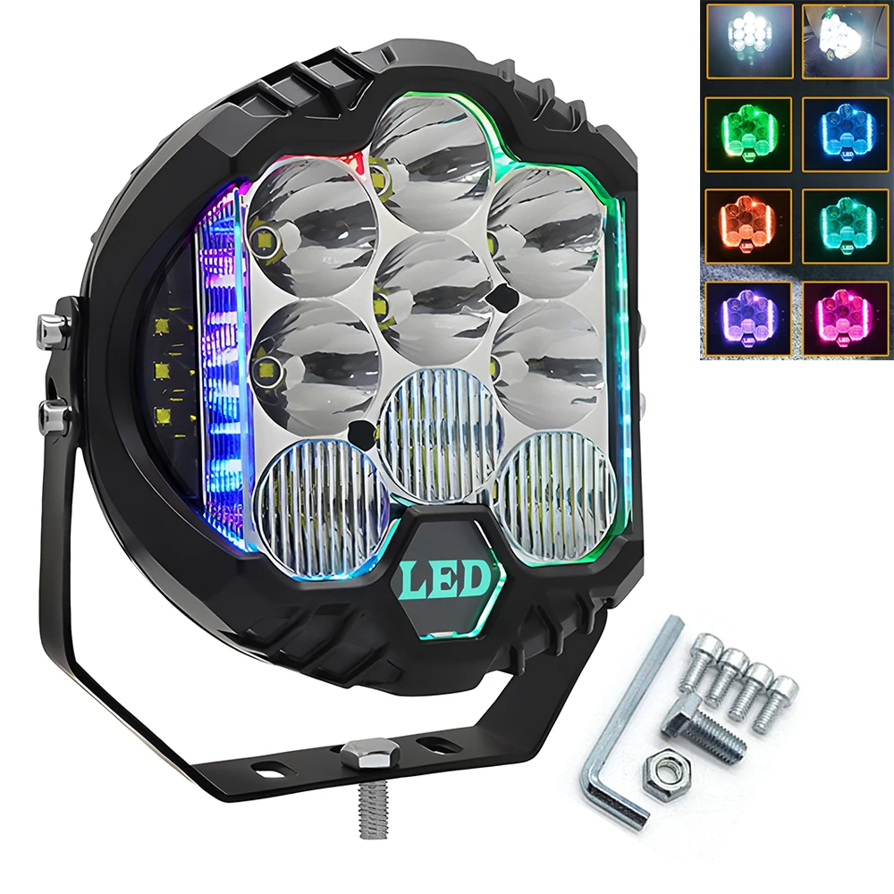 5 7 Inch LED Headlight Car Driving Work Light White RGB For Jeep Offroad 4x4 Truck Boat SUV Combo Work Lamp Three Sided Shine