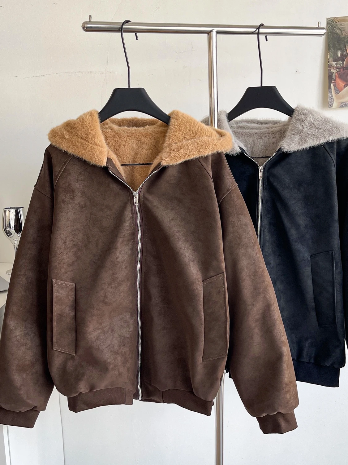 

Korean Faion Thiened Plu Long Sve Deer Skin Velvet Jaet Women's Loose Winter Coat Top Commute Sle Pure Color