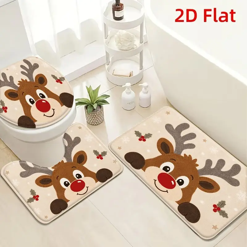 VIKAMA Cute Reindeer Bathroom Mat Cream Holly Winter Snowflake Toilet Floor Rug Cozy Holiday Bathroom Decor for Home Gift