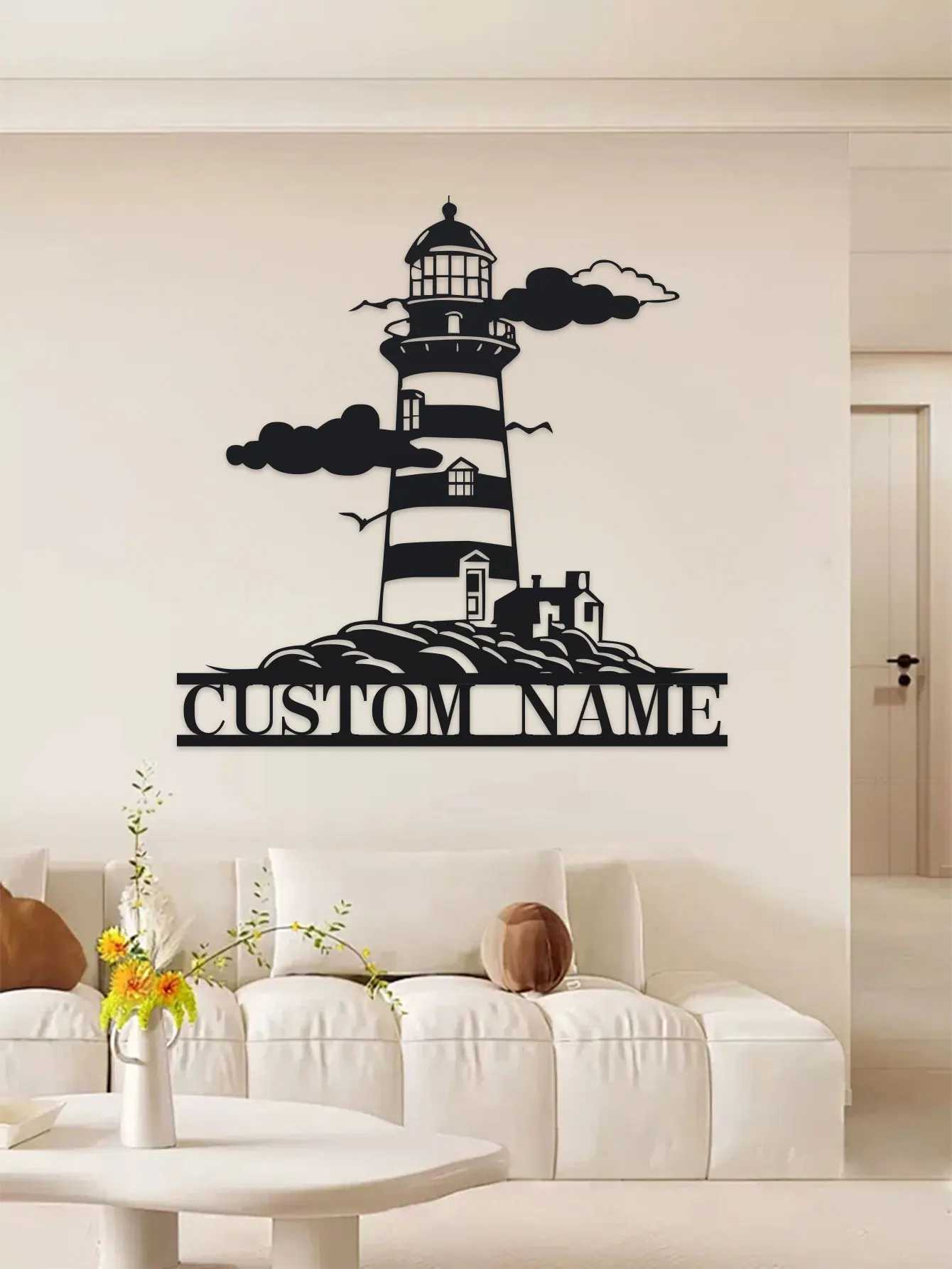 개인 맞춤형 금속 등대 벽 장식, 이름 명판 포함, 현대적인 스타일의 실내 및 실외용 벽 예술 장식