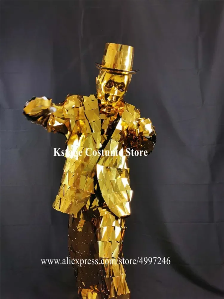 Robot men gold color mirror men suit club perform catwalk wears mirror dance costumes disco show jacket dj mirror hat outfit