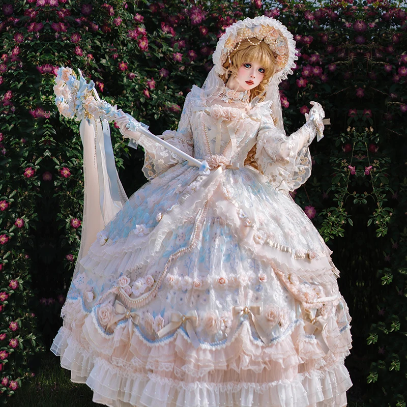 Vestido japonés de fiesta de té para niña, vestido de Lolita con pintura al óleo del palacio Harajuku, precioso vestido de princesa Lolita retro, vestido con pajarita para mujer