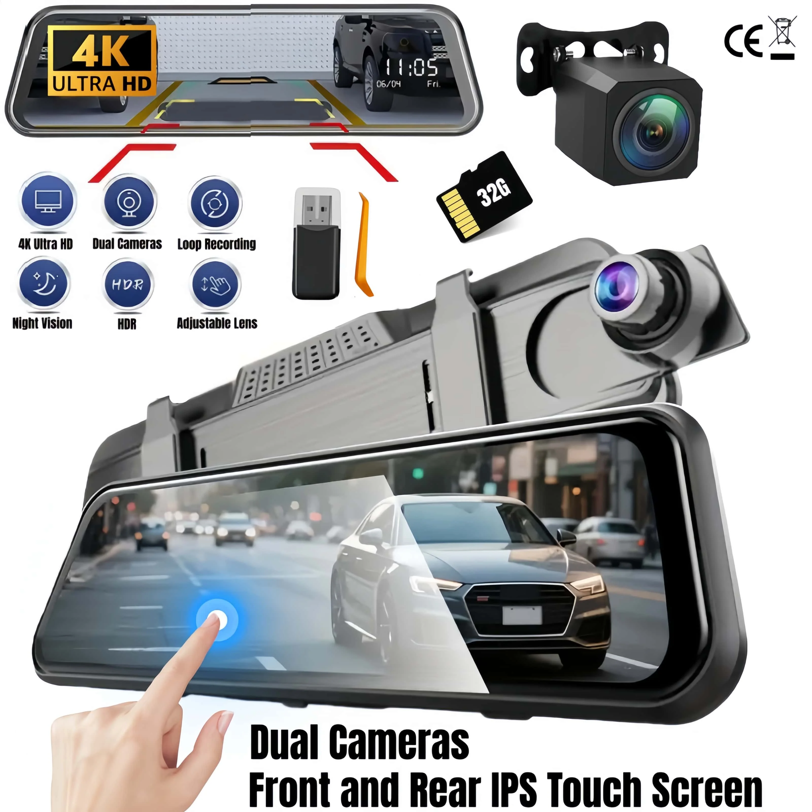 

9,66 "UHD 4K 2160P Автомобильный видеорегистратор Зеркало Видеорегистратор Двойной объектив Видеорегистратор IPS Экран Камера Приводной рекордер Потоковое зеркало заднего вида 32G Карта