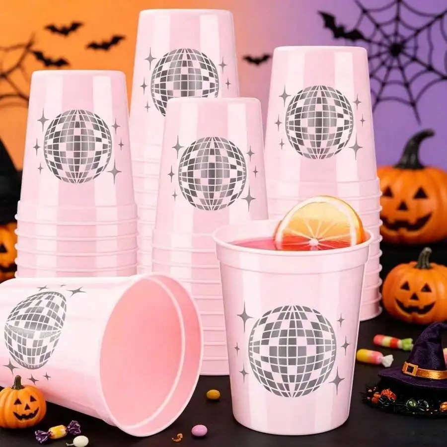 Disco Party Plastic Cups 12PCS, Pink & Hot Pink Disco Ball Print Reusable Party Cups For Bachelorette Birthday Holiday Party Dec