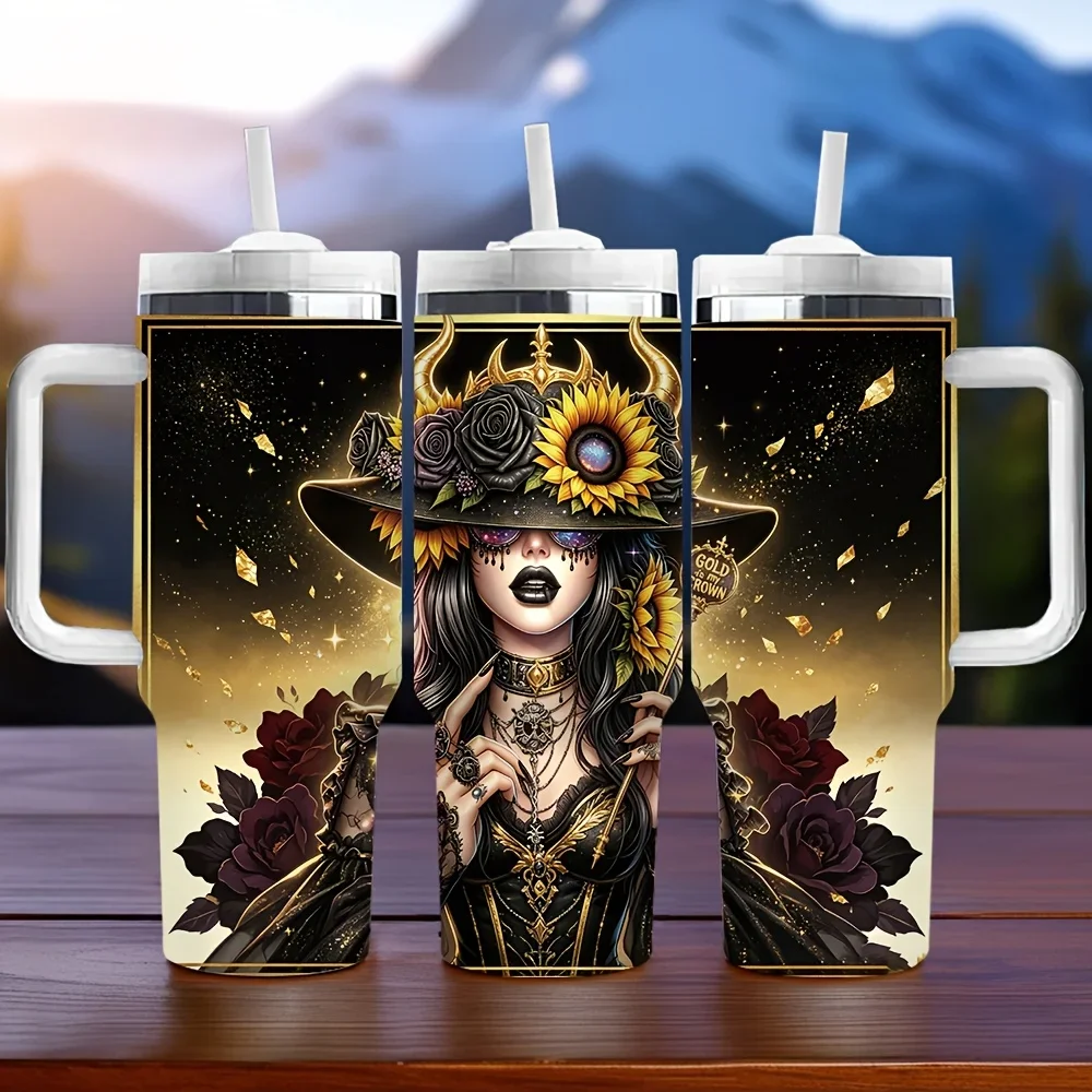 40Oz Insulated Tumbler with Handle, Printed with Gothic Witch Sunflower And Rose, Perfect As Holiday Birthday Gift, Suitable for Daily Use And Outdoor Scenes, with Long-Lasting Heat Preservation, for Halloween