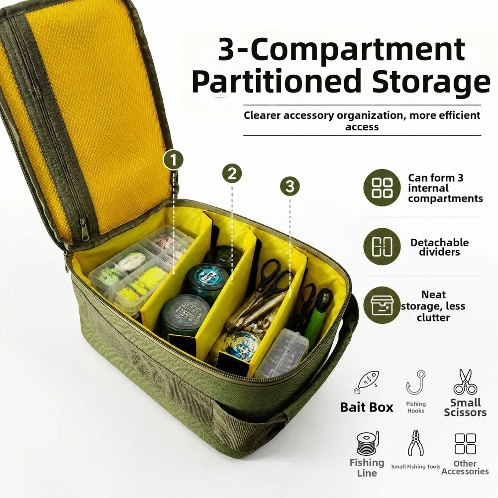 Polyester Fishing Tackle Bag Featuring Three Compartments Removable Dividers and Dual Zipper Closure for Field Use