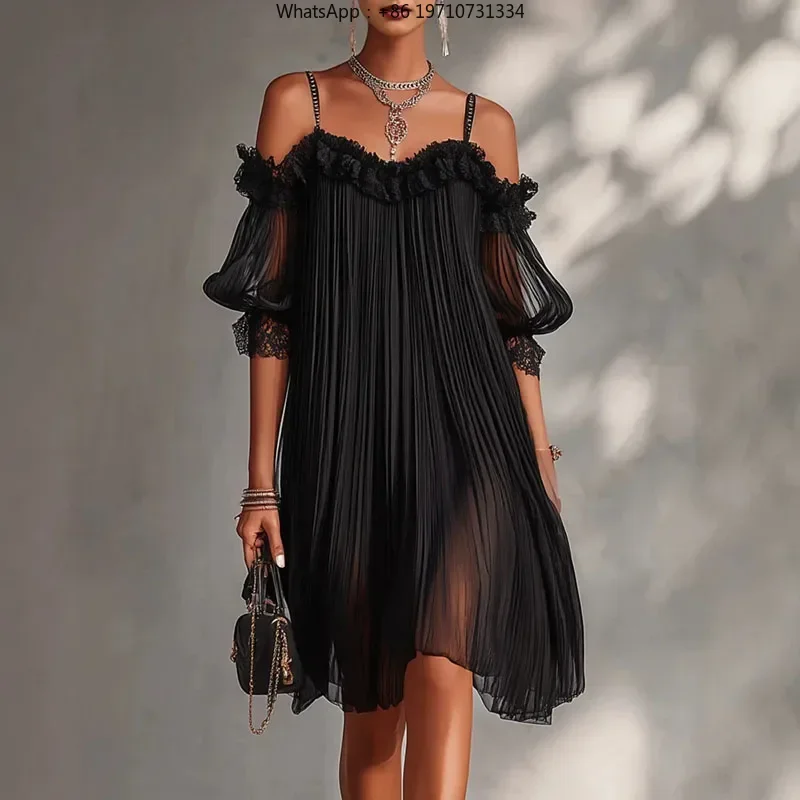 Women Spaghetti Strap Pleated Mini Dress Off Shoulder Lace Ruffle Loose Flowy A Line Party Dress