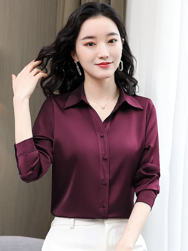 Nouveau Silk irt femmes printemps automne marque Tube droit boutonné Long col Sve régulier mince couleur Pure pas Ir...