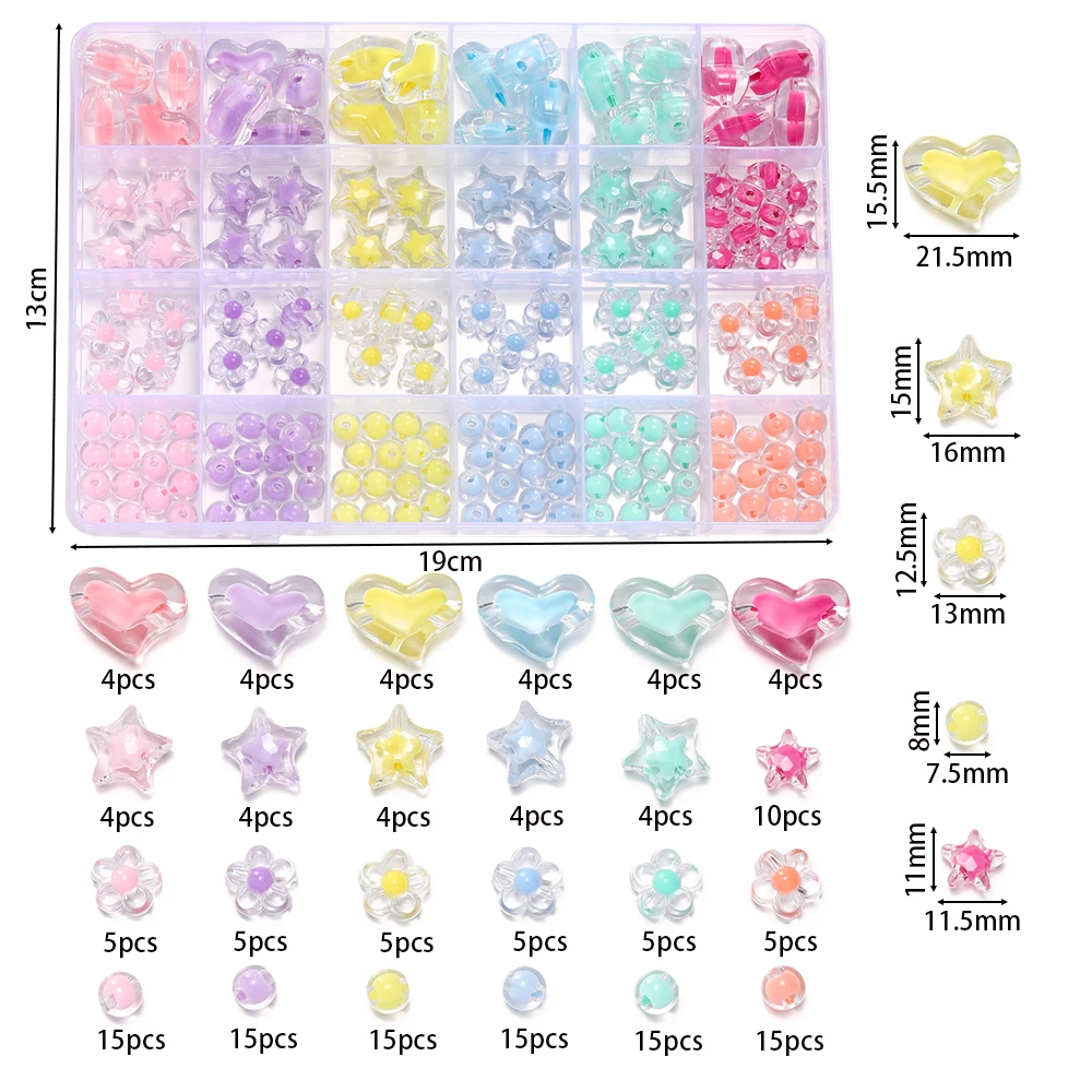 1Box Heart Acrylic Beads Flower Round Spacer Loose Beads Kits For Bracelet Keychain Jewelry Making Kits Accessories