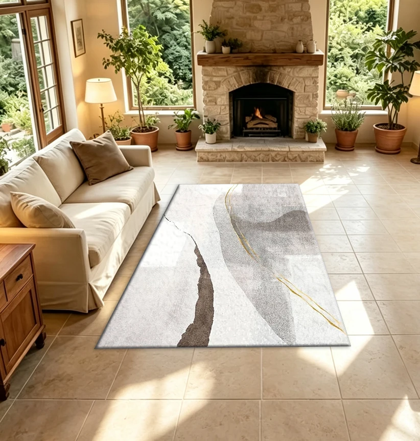 Printed Rug Abstract - พรมปูพื้นลายหินอ่อนสีเทาเบจทองลายเส้นสีน้ำแบบนามธรรม พรมปูพื้นหรูหราลายคลื่นสำหรับห้องนั่งเล่นสไตล์โมเดิร์น