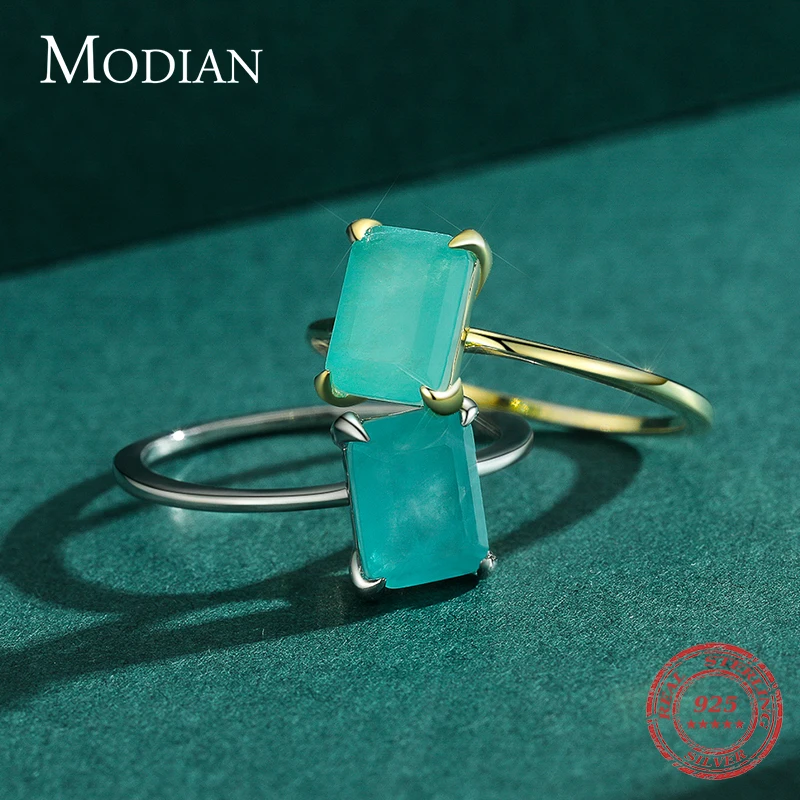 Modian Authentic 925 Sterling Silver Classic Rectangle Tourmaline Paraiba Female Finger Ring For Women Charm Fine Jewelry Anillo