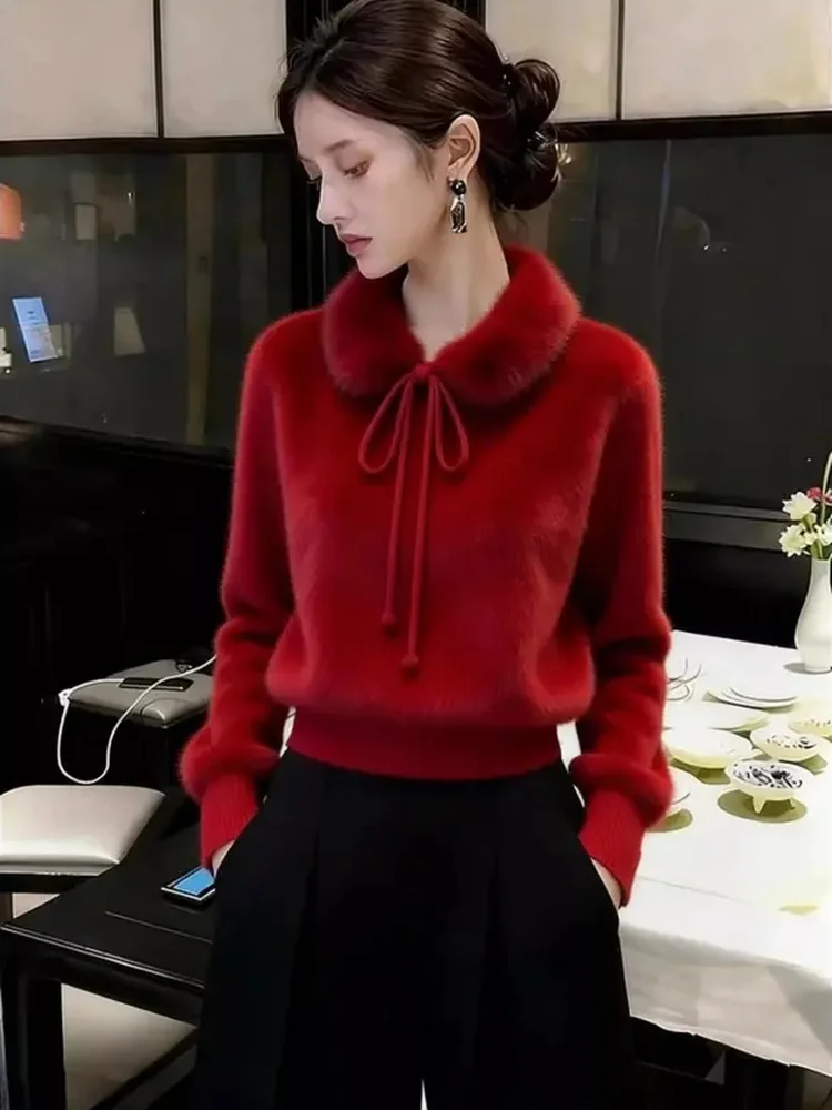 

Unique Red Knitted Sweater ort Sle Korean System Spring Faion High-End Sensation Beautiful Lightweight Luxury Top