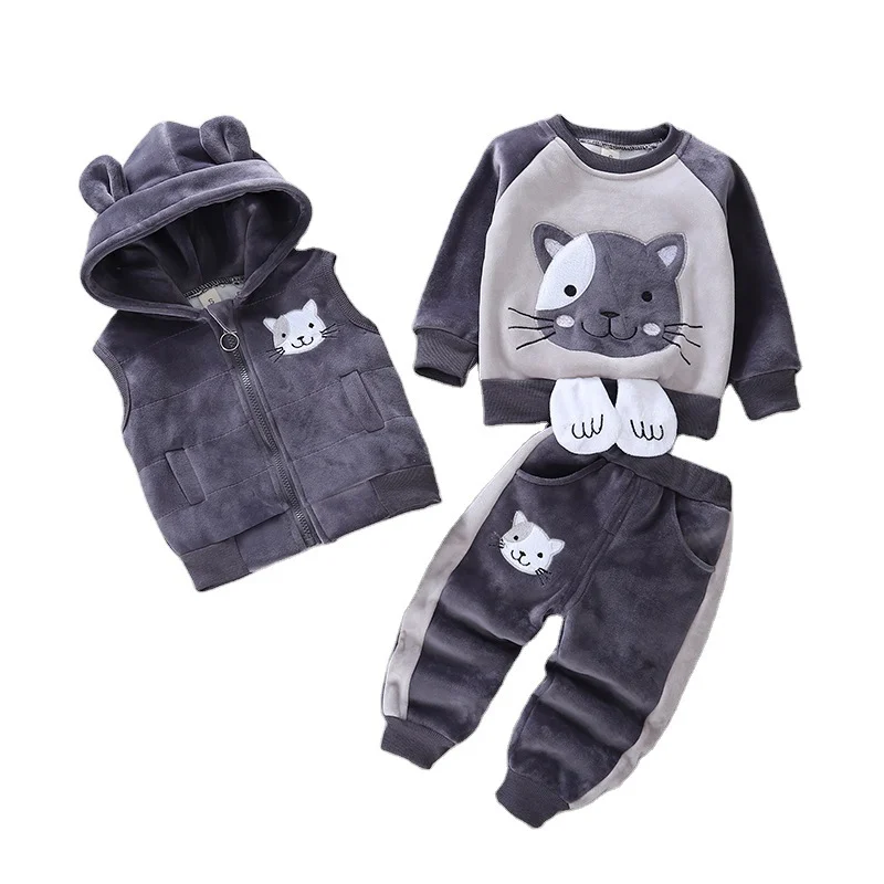 Winter Baby Girls Clothes Suit Children Boys Hooded Vest T-Shirt Pants 3Pcs/Sets Toddler Casual Costume Kids Cartoon Sportswear