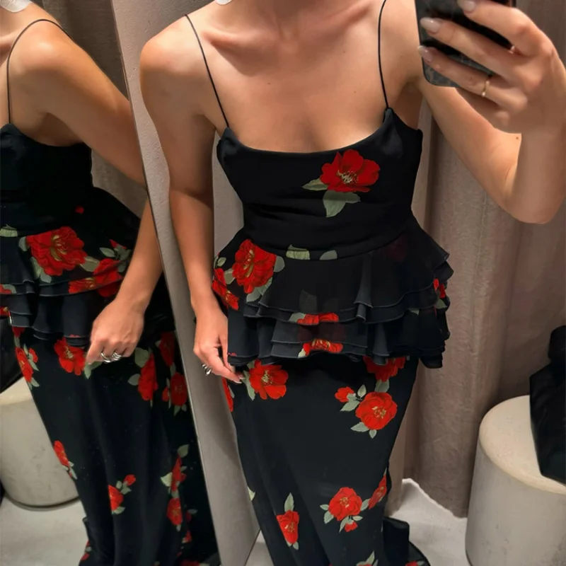 

Элегантный комплект с юбкой с рюшами, женский комплект с шикарным принтом, без рукавов, с открытой спиной, на бретельках, длинная юбка, комплекты 2025, летнее женское платье