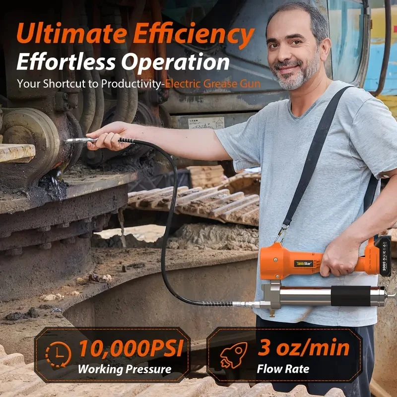 Pistolet do smaru elektryczny 2w1 Taskstar 10000PSI z wężem 39,4 cala, automatyczny, bezprzewodowy, do serwisowania maszyn rolniczych, warsztatów i ciężkiego sprzętu.