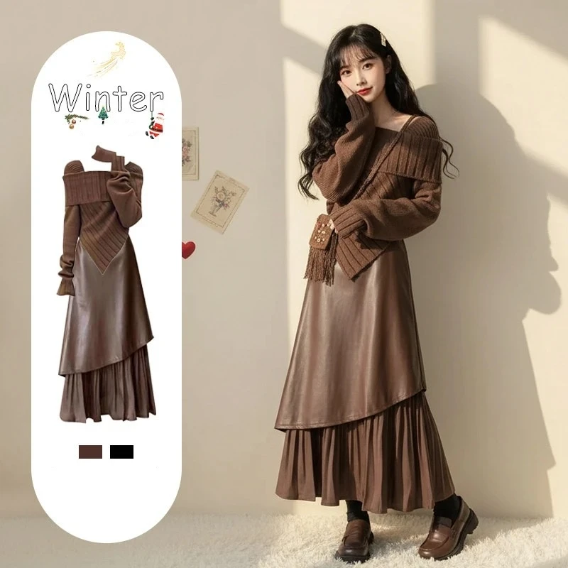 Damski jesienno-zimowy dopasowany sweter z patchworkiem i spódnica ze skóry PU, dwuczęściowy zestaw, elegancki koreański komplet z dzianinowymi topami i spódnicą, stylizacje 2026