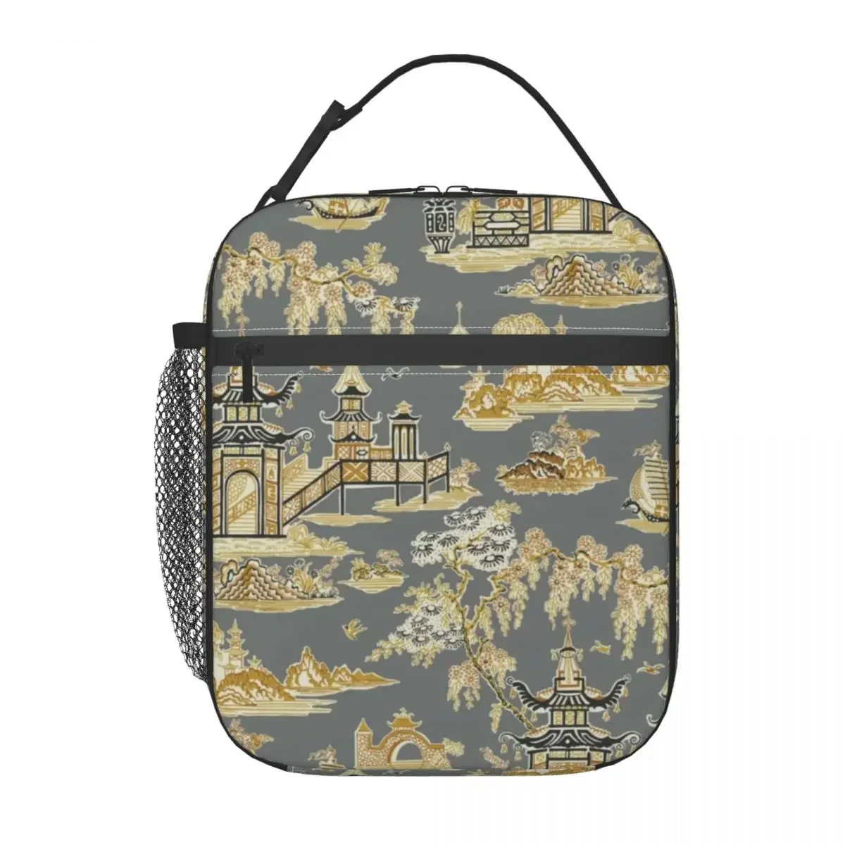 Vintage Pagoda Garden Teahouse Portable Lunch Box Women Gray and Gold Chinoiserie Cooler Thermal Food Insulated Lunch Bag Office