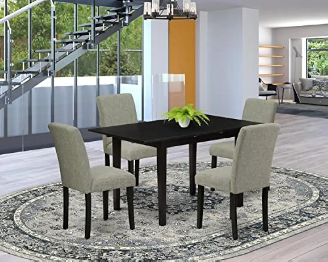 ining Room Table with Butterfly Leaf and 4 Shitake Linen Fabric Upholstered Parson Chairs, 32x54 Inch, NOAB5-BLK-06