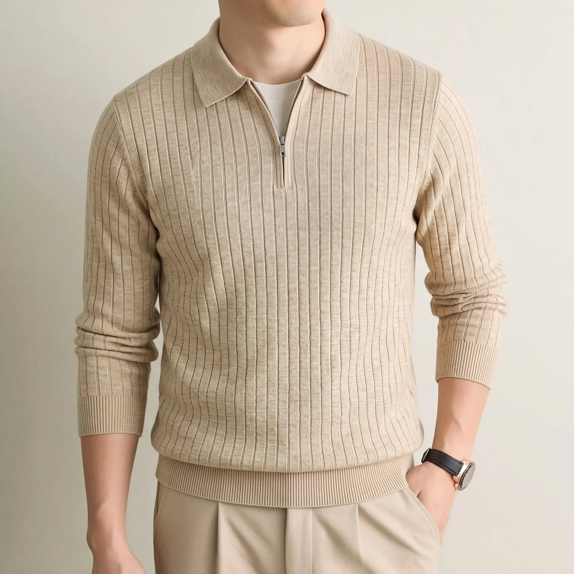 New Arrival Men Zipper Sweater 2026 Autumn Casual Wool + Mulberry Silk Knit Polos Long Sleeve Soft Sheep Wool Clothes Pullover