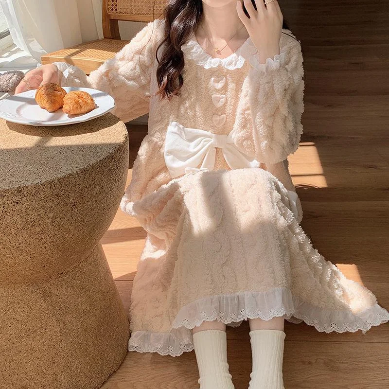Women's New Thick Long Sleeved Jumpsuit Nightgown for Students Autumn and Winter Warm Home Clothes Princess Style Soft Nightgown