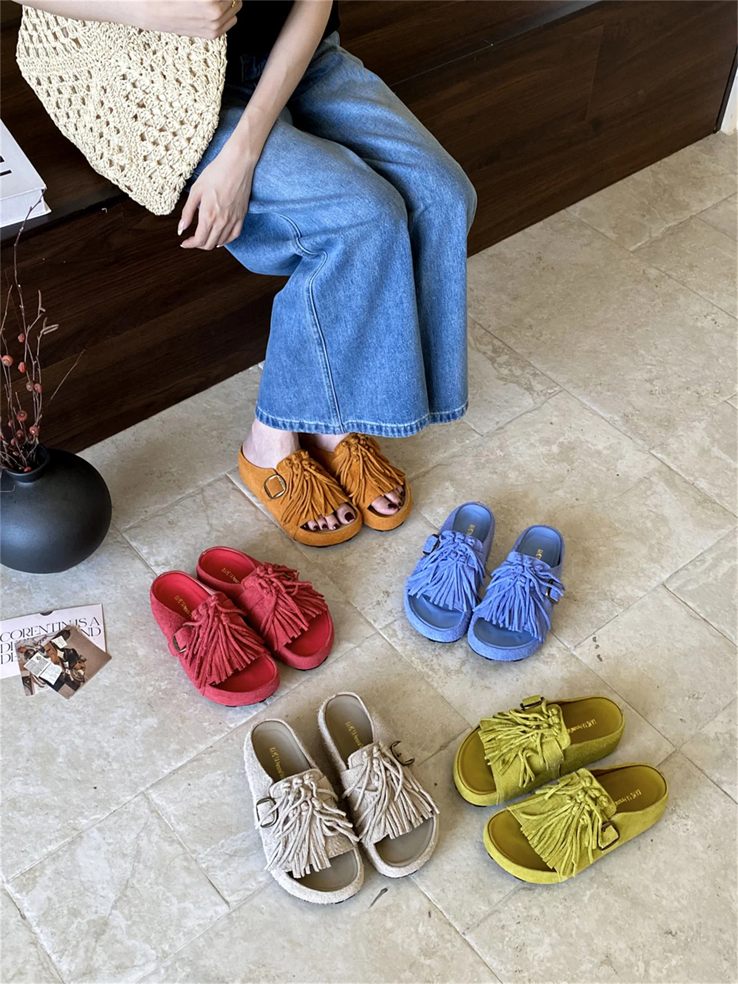 

Римские сандалии на каблуке с кисточками в стиле ретро, женские сандалии из натуральной кожи на плоской подошве, летние слипоны Individuali Street Sle