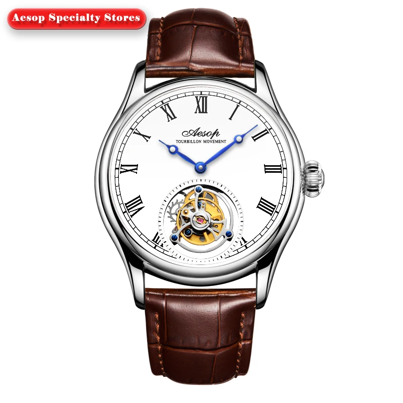 Aesop 7021 Tourbillon Mechanical Movement Leather Strap Sapphire Crystal 50m Water Resistant Roman Scale Fashion Watch For Men