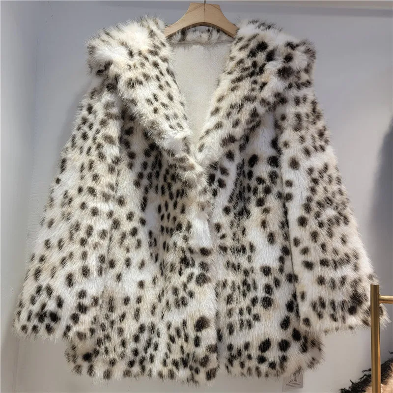 2025 خريف شتاء جديد النمط الفرنسي رغبة نقية ليوبارد طباعة فروي متكاملة صديقة للبيئة الفراء سترة منتصف طول أفخم معطف
