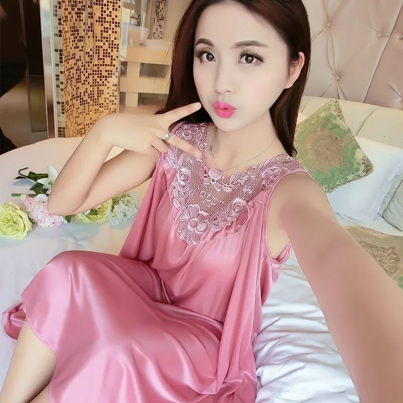 White Silk Nightgown Women 2024 Sexy Imitation Silk Nightwear Female Summer Underwear Lace Sleeveless Solid Color Homewear