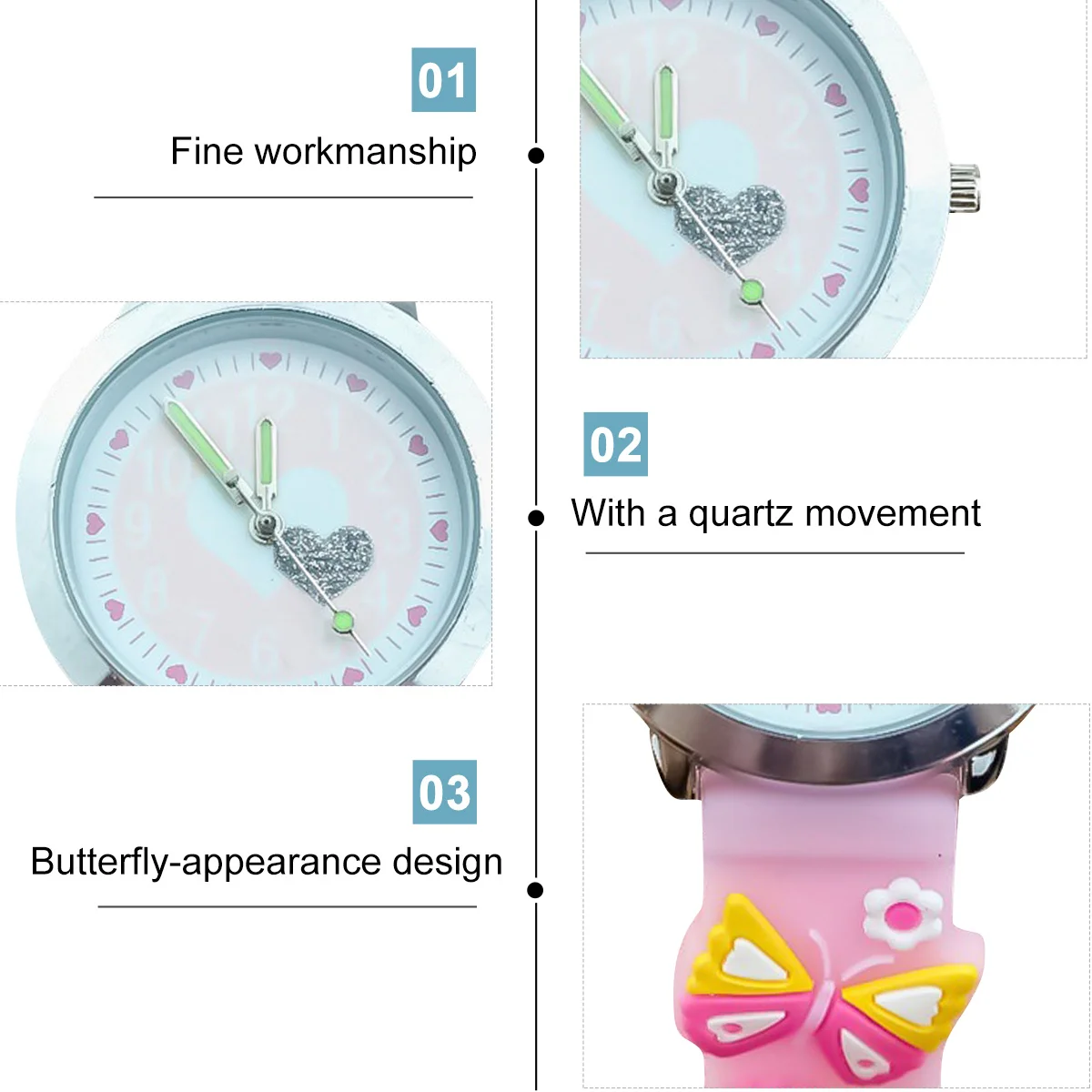 1 pçs relógio de pulso borboleta rosa diamante dos desenhos animados decoração relógio silicone macio confortável tempo preciso