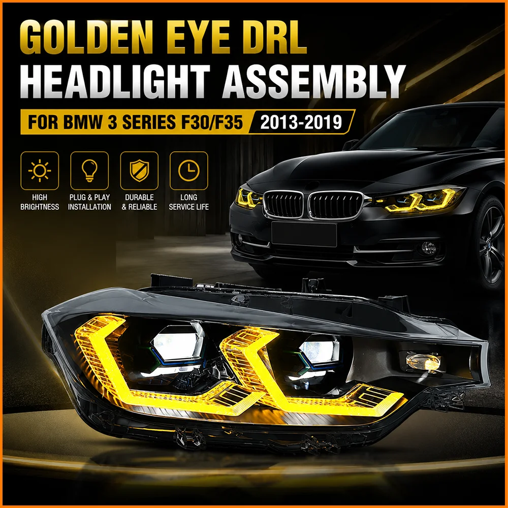 For BMW 3 Series F30 F35 2013-2019 LED Gold Eyes OSS Design Headlights Dual Direct Laser Lens Projector DRL Headlamp Assembly