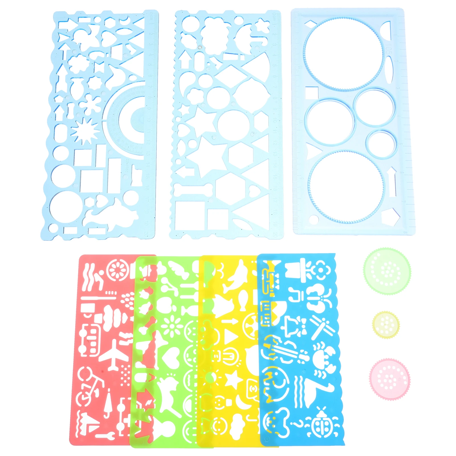 1 set 7-Piece Drawing Ruler Set Geometric Templates Multi-functional Stencils Artists Students School Use Portable PP Material