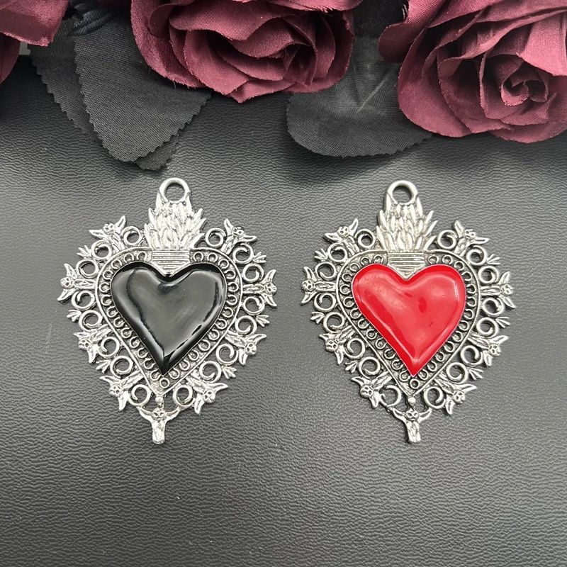 1pcs 67*54mm Large Boho Filigree Heart Matt Charms Pendants for DIY Necklace Jewelry Making Accessories Enameled Sacred Heart