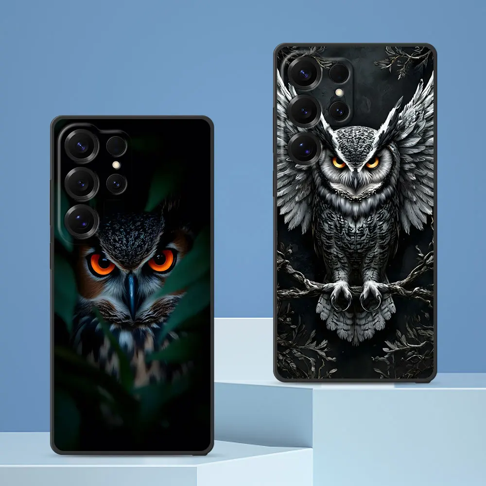 Pet Cute Owl Protective Case for Samsung Galaxy S24 S22 S23 S25 S20 FE S7 Edge S9 S10 S21 Ultra S8 Plus TPU Black Phone Cover