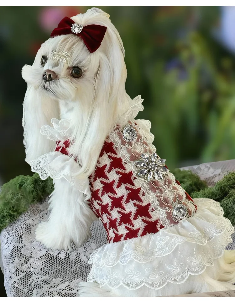 

Classic Red Checkered Wool Design Pet Dress - Luxurious Dog Lace Winter Dress