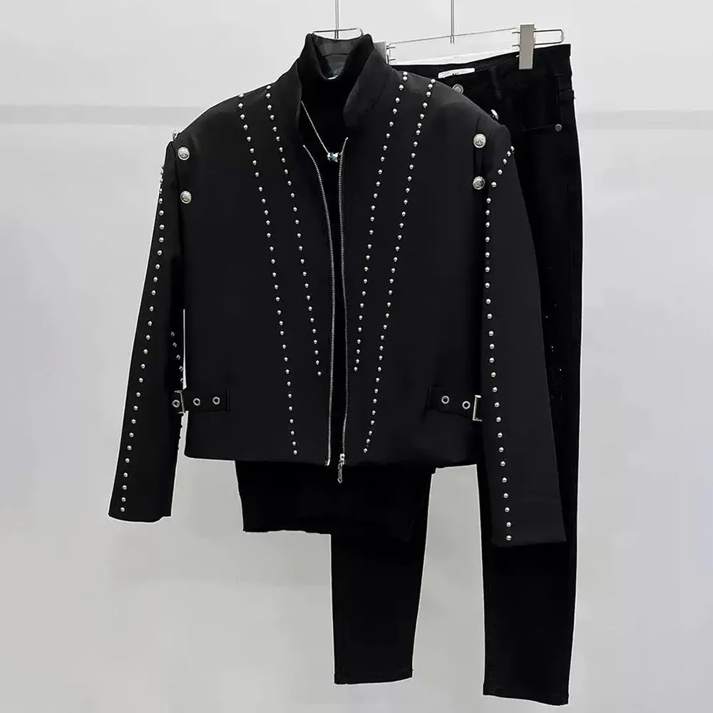 Mens Jacket Rivet Belt Decoration Jacket Nightclub Temperament Personality Party Performance Zipper Jacket Men\'S Clothing 2024