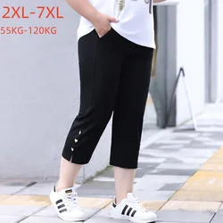 Plus Size Black White Capris Pants 6XL 7XL Summer Oversized Women Loose High Waist Elastic Straight Lady Female Cropped Trousers