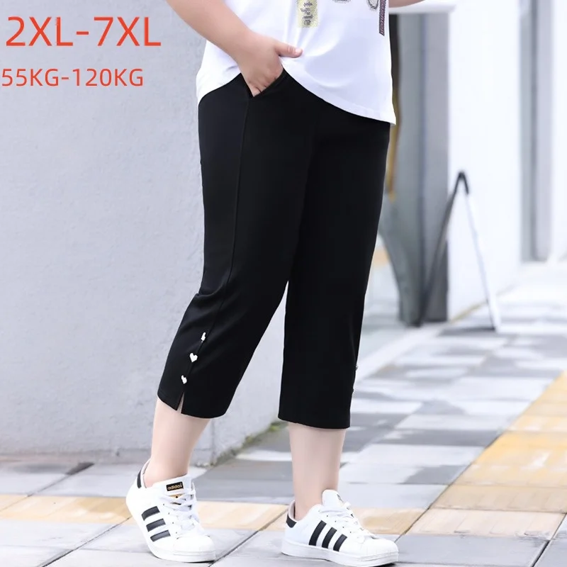 Plus Size Black White Capris Pants 6XL 7XL Summer Oversized Women Loose High Waist Elastic Straight Lady Female Cropped Trousers