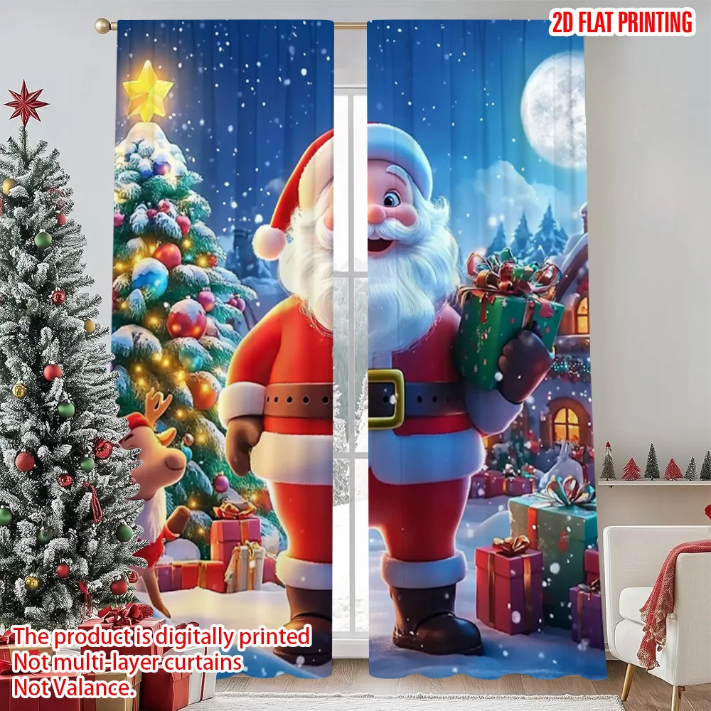 

2pcs 2D flat printing Christmas Curtain Santa Claus with the reindeer and Santa 100% Polyester Without Electricity Versatile for