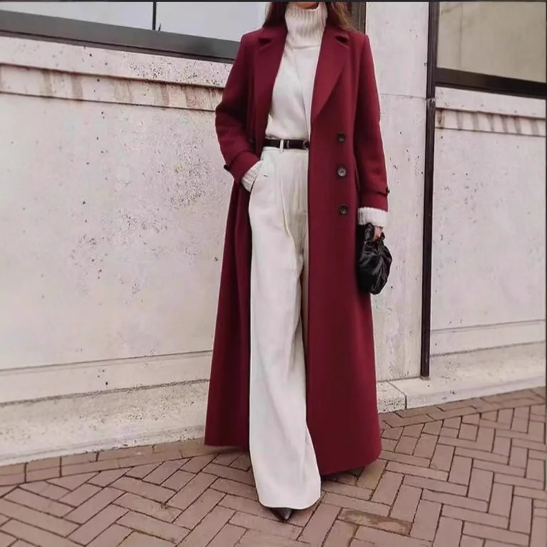 معطف صوف دافئ كاجوال متعدد الألوان لخريف وشتاء 2025 طويل بلون سادة