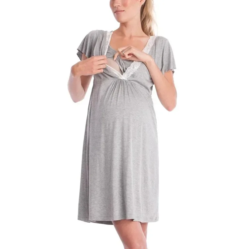 Multi-functional Mom Nursing Dress for Pregnant Women's Sleepwear 2024 European and American Fashion Lace Splicing