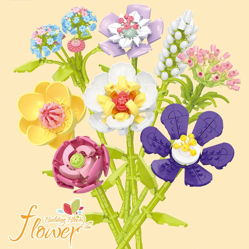 

Строительный блок13 стилей, цветочные строительные блоки, роза, лаванда на день Святого Валентина, персик, лилия долины, тюльпан, кирпичи, украшение для дома своими руками