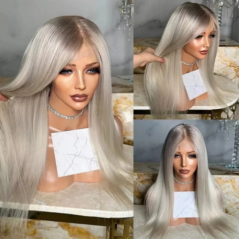 Silver Blonde Long Straight Wig for Women Synthetic Hair Middle Part Ash Blonde Heat Resistant Fiber Wigs for Daily Party