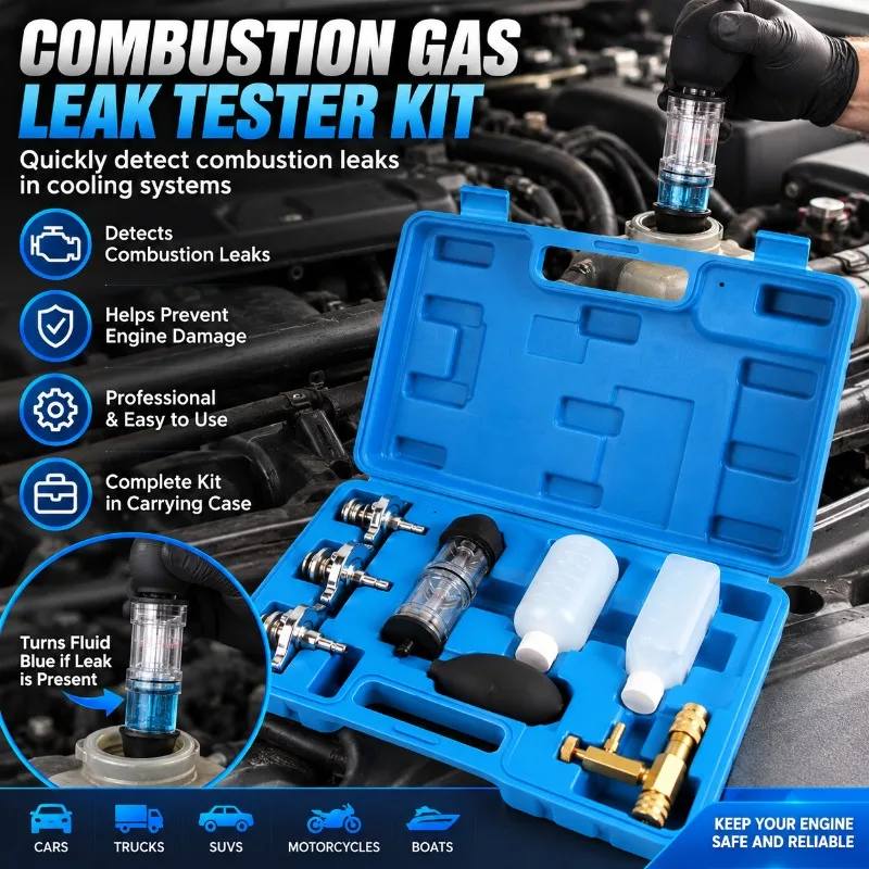 Automotive Combustion Gas Leak Tester Kit Cooling System Head Gasket Detector with 3 Radiator Adapters Hand Pump Carry Case