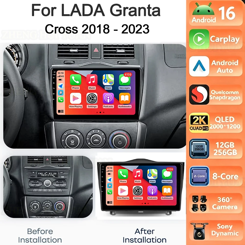 Android 16 Carplay&Auto Car Radio Navigation Multimedia Stereo Player QLED GPS For LADA Granta Cross 2018 - 2023